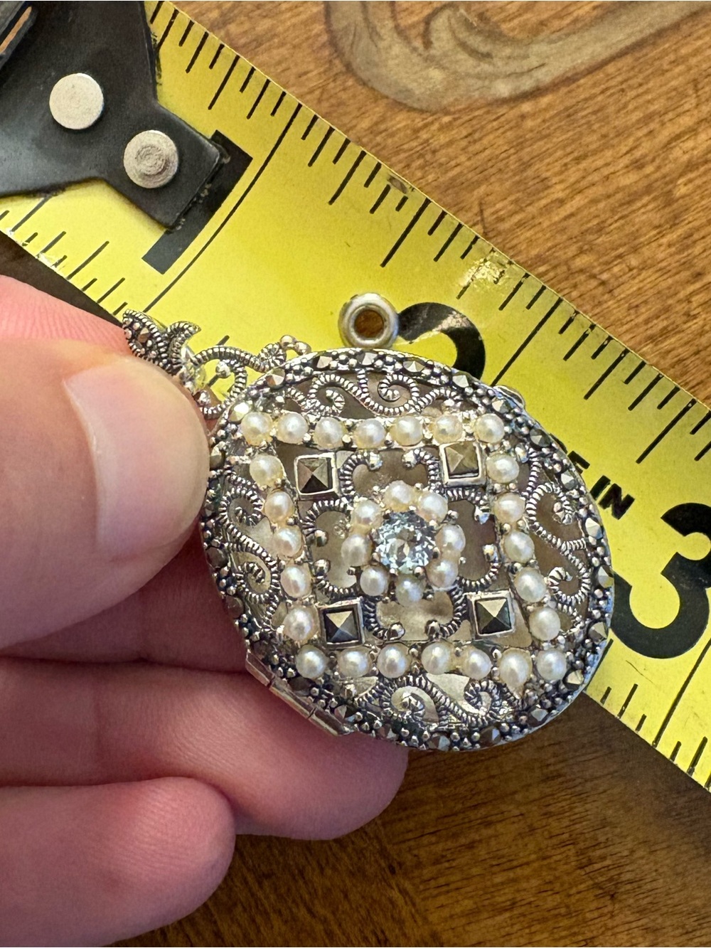 Vintage 925 Sterling Silver Marcasite Pearl Locket Pendant Gothic 1.75” - Picture 4 of 15